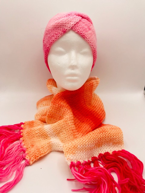 Oranje/roze haarband met sjaal