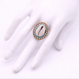 Ibiza ring schelp blauw wit