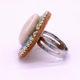 Ibiza ring schelp blauw wit