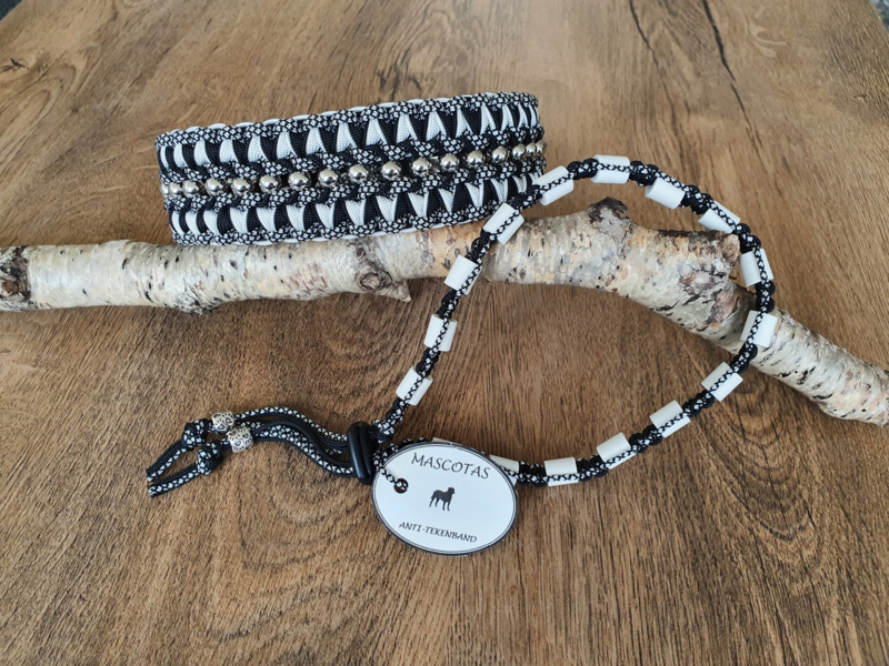Paracord Halsband Pip en Tekenband Set Zwart / Wit