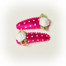 Fuchsia met witte stippen baby haarspeldjes met witte roosjes