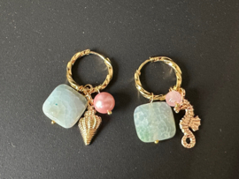 oorbellen/creolen mix&match rvs goud licht groen agaat