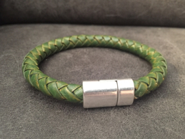 heren armband met groen gevlochten leer en zilver