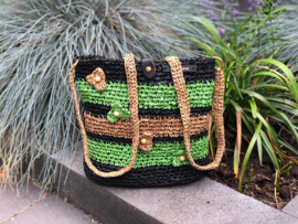 Tas raffia in groen, camel en zwart