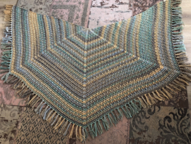 Omslagdoek in geel, turquoise, lila/donkerblauw