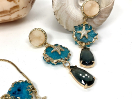 oorbellen lang verguld met blauwe druzy