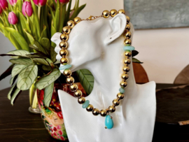 Collier/ketting rvs goldplated kralen en natuursteen