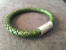 heren armband met groen gevlochten leer en zilver