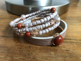 armbanden set met leer in oudroze en jaspis rood