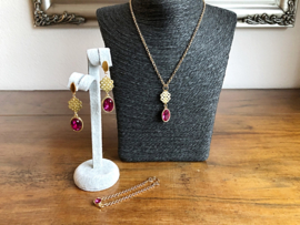 Sieradenset goud met swarovski fuchsi roze