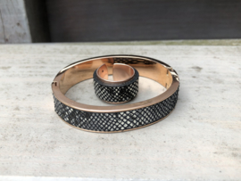 RVS armband  + ring rosé goldplated met leer