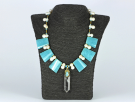 collier kort met dubbele parels en blue sponge quartz