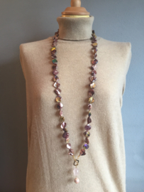 collier lang  goud parelmoer met rozenkwarts en roze shell parel