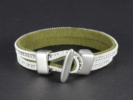 armband dubbel suède olijfgroen met kristalletjes in zilver