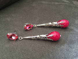 oorbellen XL met swarovski roze en jade druppels roze rood