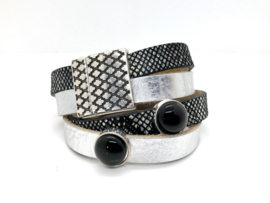 armband dubbel leer zilver en slangenleer en onyx