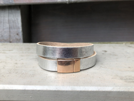 armband leer zilver met rosé  goud magneetslot