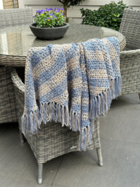 omslagdoek blauw beige geblokt