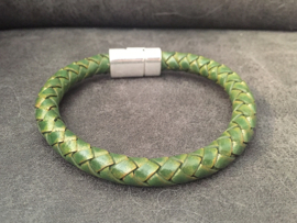 heren armband met groen gevlochten leer en zilver