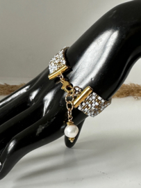Armband bead embroidery wit goud met parel