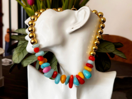 Collier/ketting rvs goldplated kralen en natuursteen