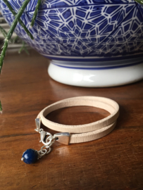 armband crème leer met facet geslepen jade