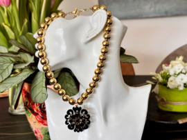 collier/ketting rvs goldplated met zwarte hanger