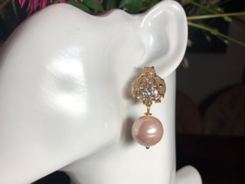 oorbellen verguld oorstekers kristal roze parel