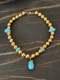 Collier/ketting rvs goldplated kralen en natuursteen