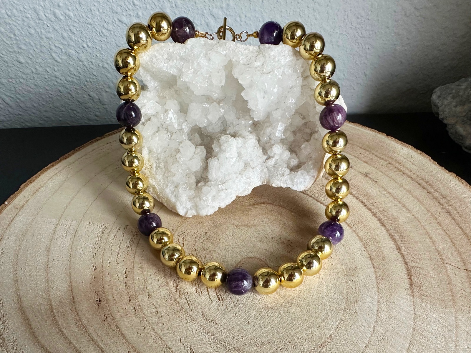 Collier/ketting rvs goud met amethist