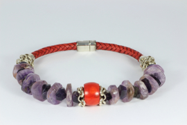 collier kort zilver met rood leer en ametrien