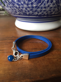 armband leer dubbel blauw met jade