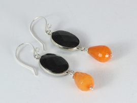 oorbellen lang zilver met oranje en zwarte jade