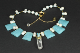 collier kort met dubbele parels en blue sponge quartz