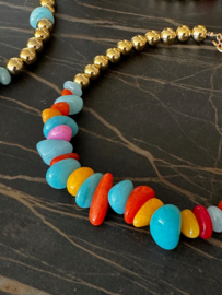 Collier/ketting rvs goldplated kralen en natuursteen