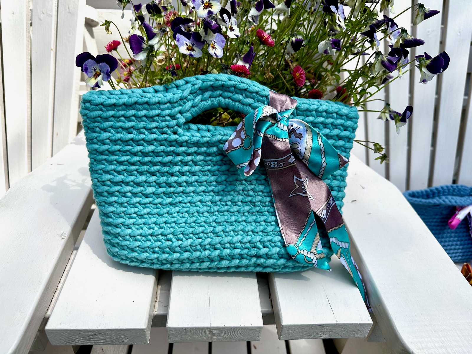 Tas handmade licht petrol met strik