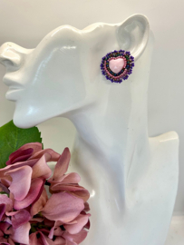 oorbellen bead embroidery hart roze multi colour
