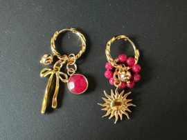 oorbellen/creolen m&m bedels rvs goud jade rood