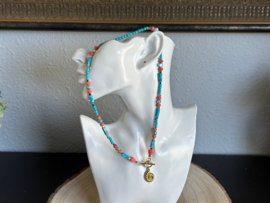 Collier/ketting turquoise met rvs schelp