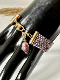 armband bead embroidery lila goud met parel