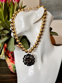 collier/ketting rvs goldplated met zwarte hanger