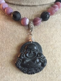 collier kort zilver met agaat en jaspis met budha