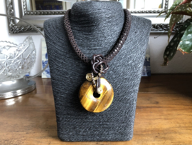 collier bruin leer met tijgeroog donut