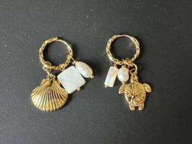oorbellen/creolen mix&match rvs goud parelmoer en parel wit