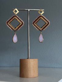 oorbellen bead embroidery roze goud en bruin