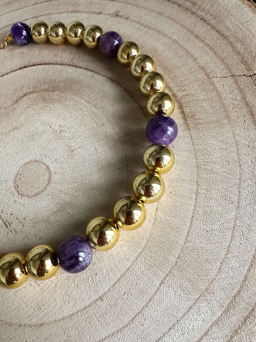 Collier/ketting rvs goud met amethist