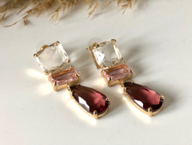oorbellen lang verguld met kristal helder en roze