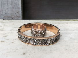 RVS armband/bangle rosegoud en strass + ring