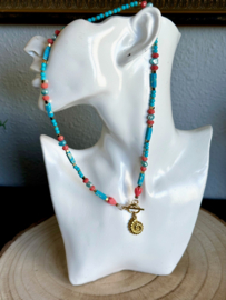 Collier/ketting turquoise met rvs schelp