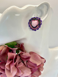 oorbellen bead embroidery hart roze multi colour